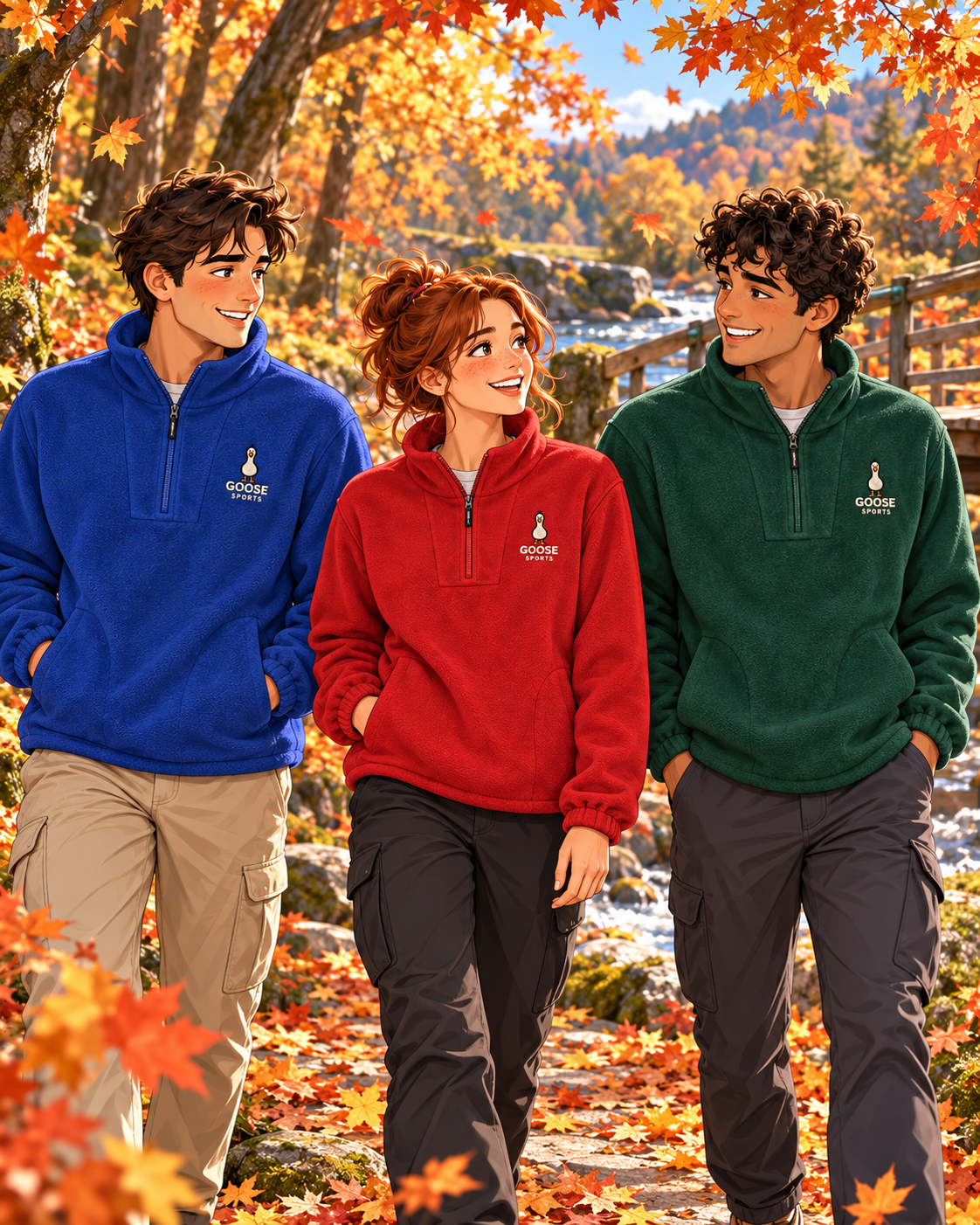 Illustration of three friends in blue, red and green Goose Sports fleeces on an autumn woodland walk.